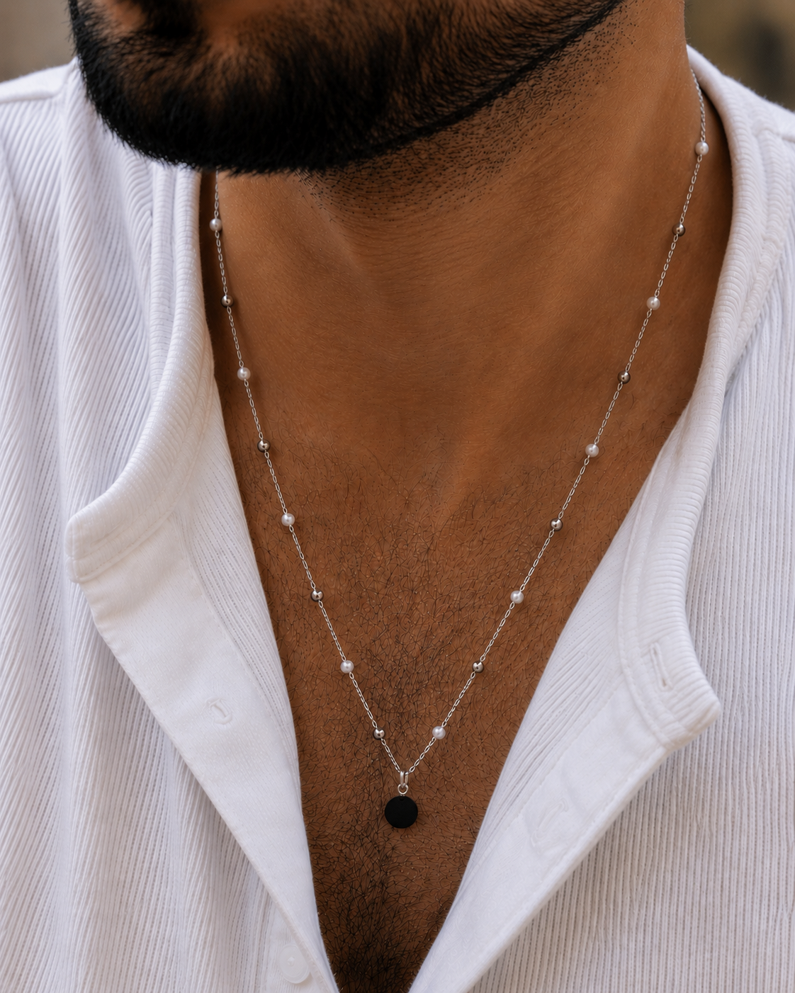 Pearl Beaded Black silver Pendant Necklace